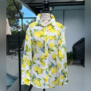TALBOTS Long Sleeve Blouse with Lemons and Blue Blossoms, Size Large,100% Cotton